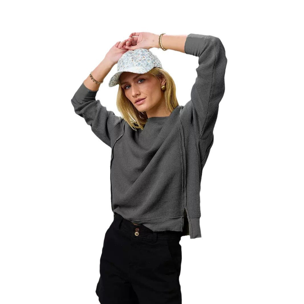 Dame afslappet vaffelstruktur sweatshirt med brede ærmer og sidelængder Stilla