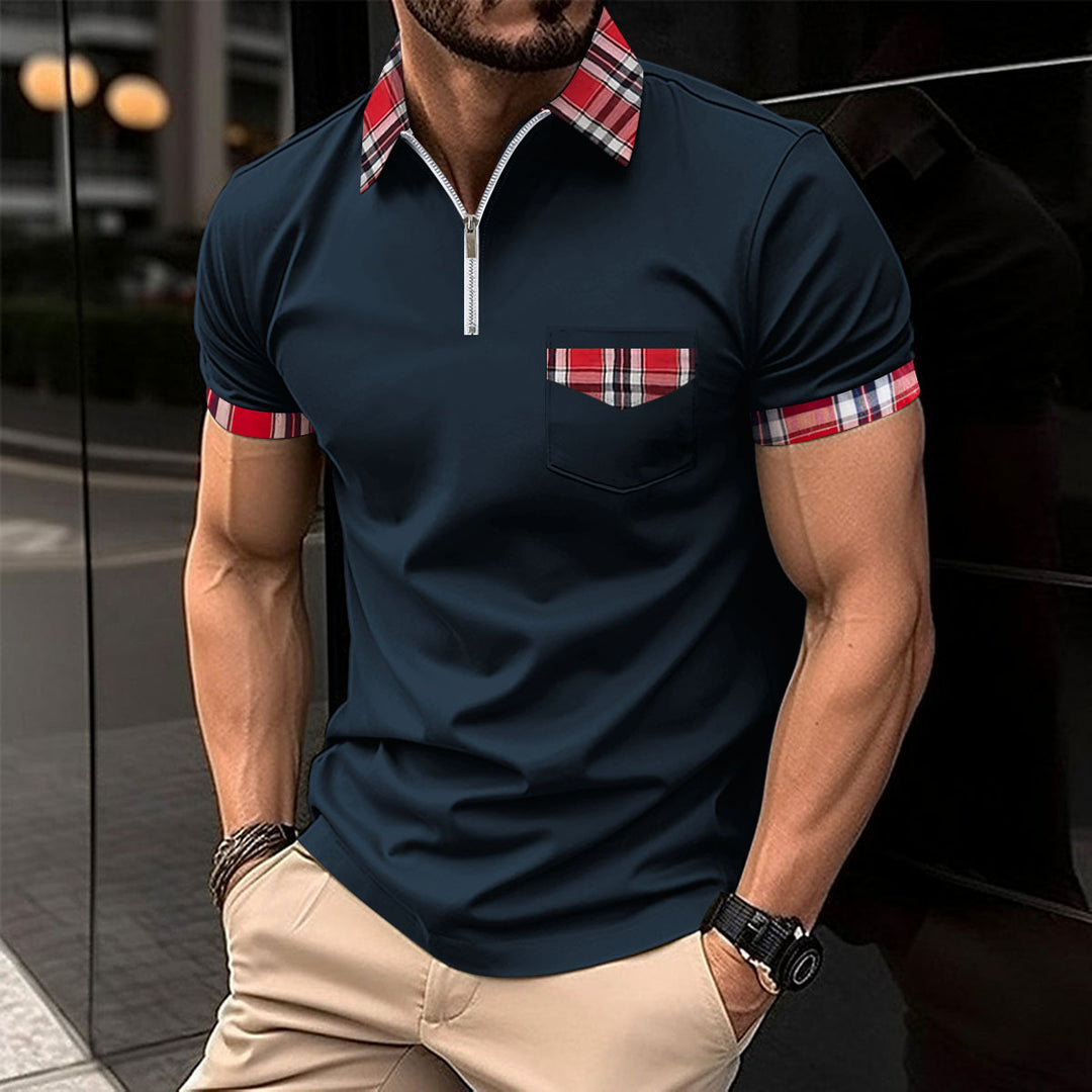 Herre Moderne Halv-Zip Polo T-Shirt med ternet Detalje Stilla
