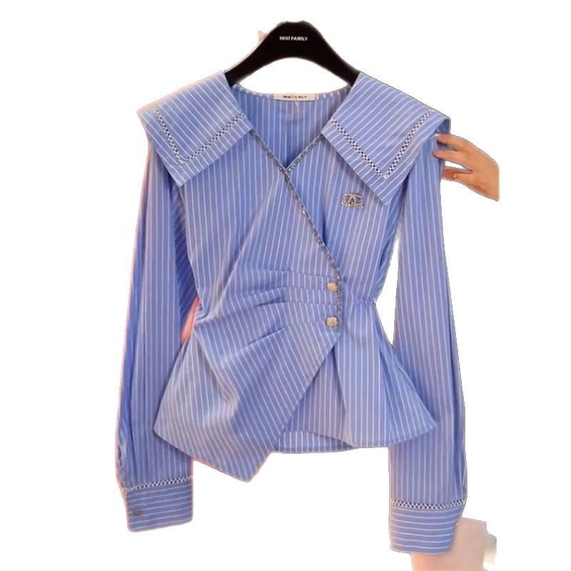 Femme Stilfulde Stribede Peplum-Bluse med Dekorativ Krave Stilla