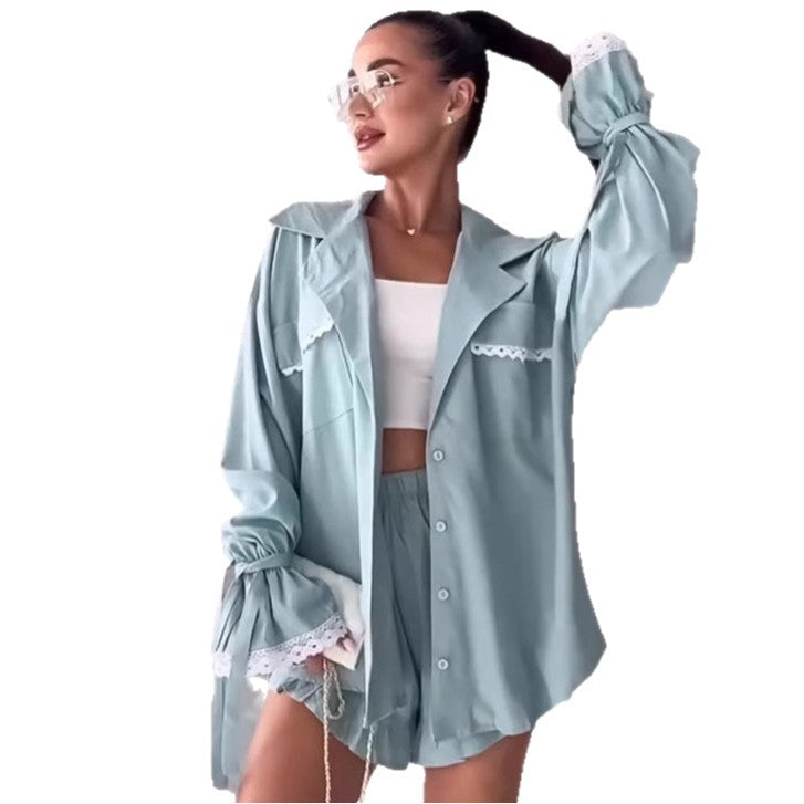 Dame Løs og luftig Bluse-Shorts-Sæt med Rynkedetaljer Stilla