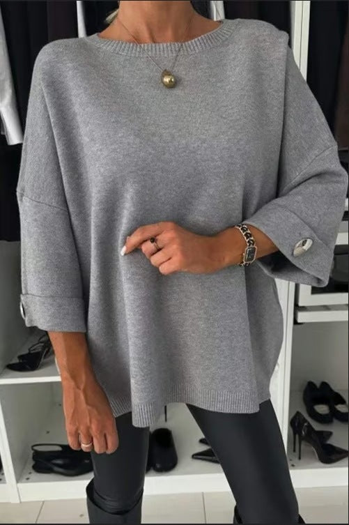 Dame Loose-Fit Striktrøje med knapdetaljer på ærmerne Stilla