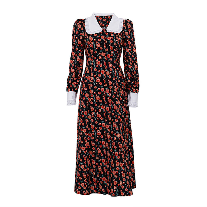 Dame Midi-kjole med blomsterprint og klassisk krave Stilla