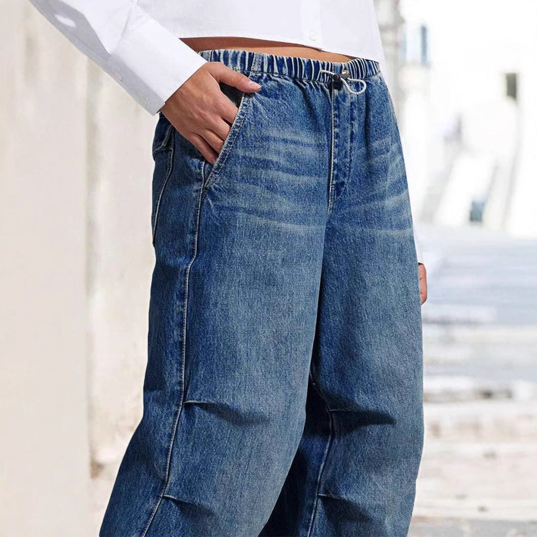 Dame brede denimbukser med elastisk talje og høje lommer Skovae