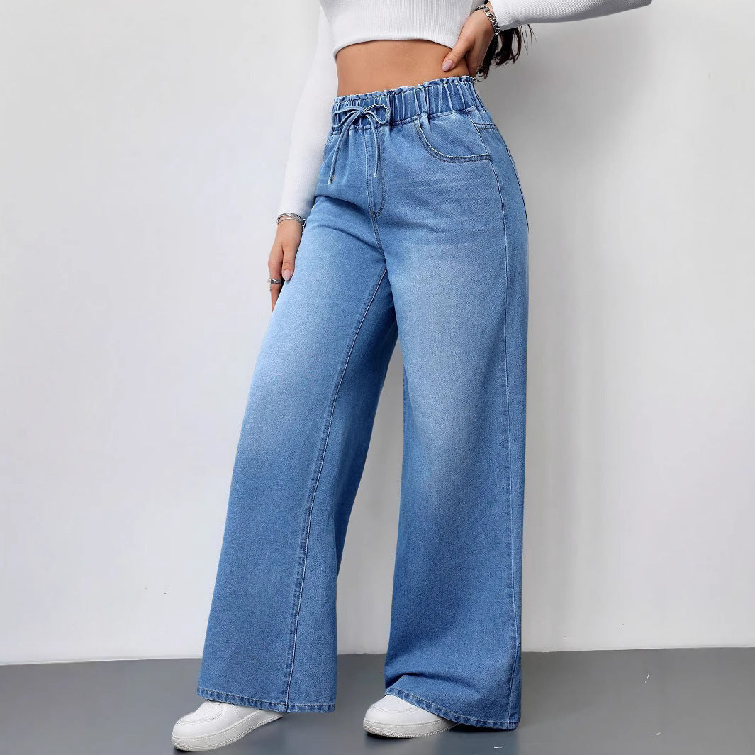 Dame brede denimbukser med elastisk talje og praktiske lommer