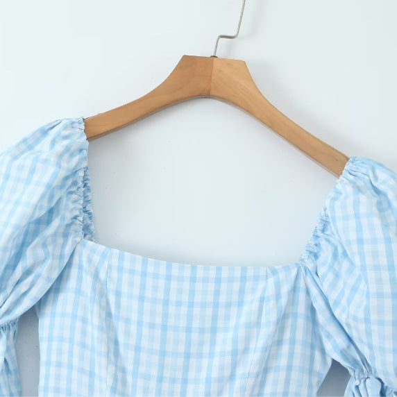 Femme Gingham Puffærmer Maxikjole med stufet Skørt Stilla
