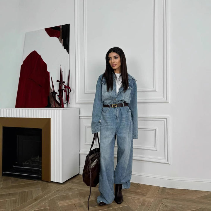 Kvinders denim jumpsuit med justerbart bælte og bred bukseben Stilla