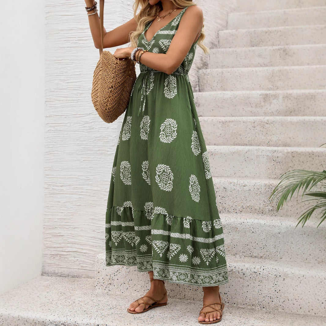 Dame Bohemian etno-print maxikjole med justerbar talje Stilla