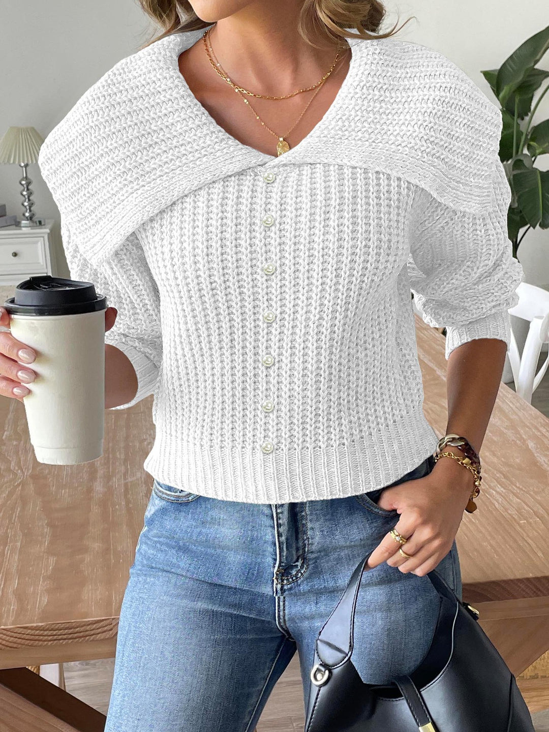 Dame elegant strikpullover med smart krave og strukturerede detaljer Stilla
