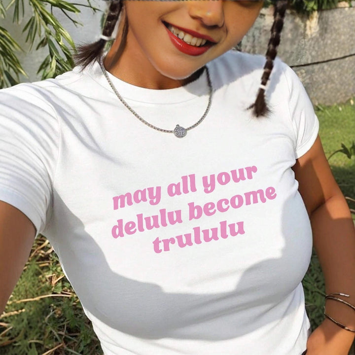 Dame Kortærmet Crop-T-Shirt med sjovt skrifttryk Skovae