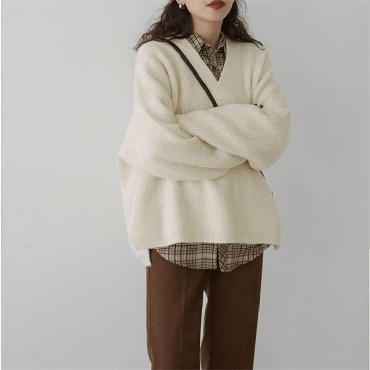 Femme V-udskæring Grovstrik Pullover Sweater Stilla