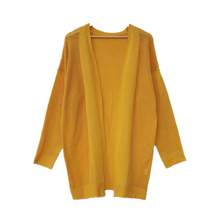 Dame løs strik-kimono med luftig netlook og sidelange slids Stilla