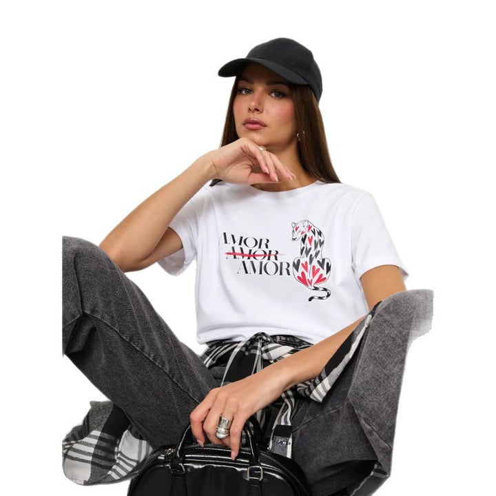 Dame T-shirt med styliseret dyremotiv og inspirerende skrift Stilla
