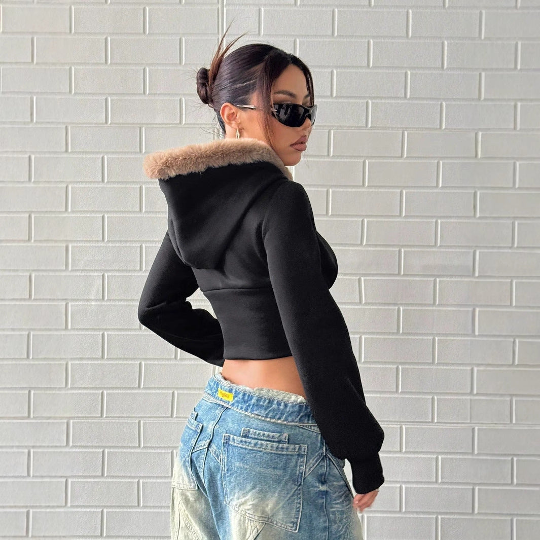 Dame cropped hoodie med luksuriøs pelskant Stilla