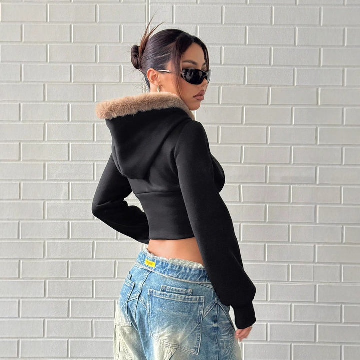 Dame cropped hoodie med luksuriøs pelskant Stilla
