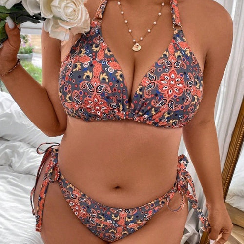 Dame triangel-bikini med blomstret mønster og sidelæns bindebånd Skovae