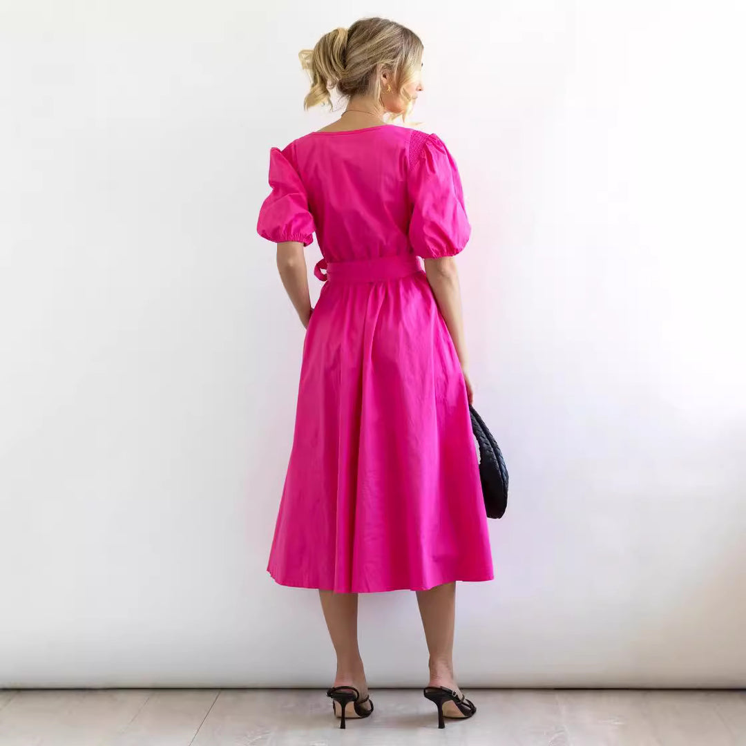 Dame Elegant V-hals Midi Kjole med Puffærmer og Talje Bælte Stilla