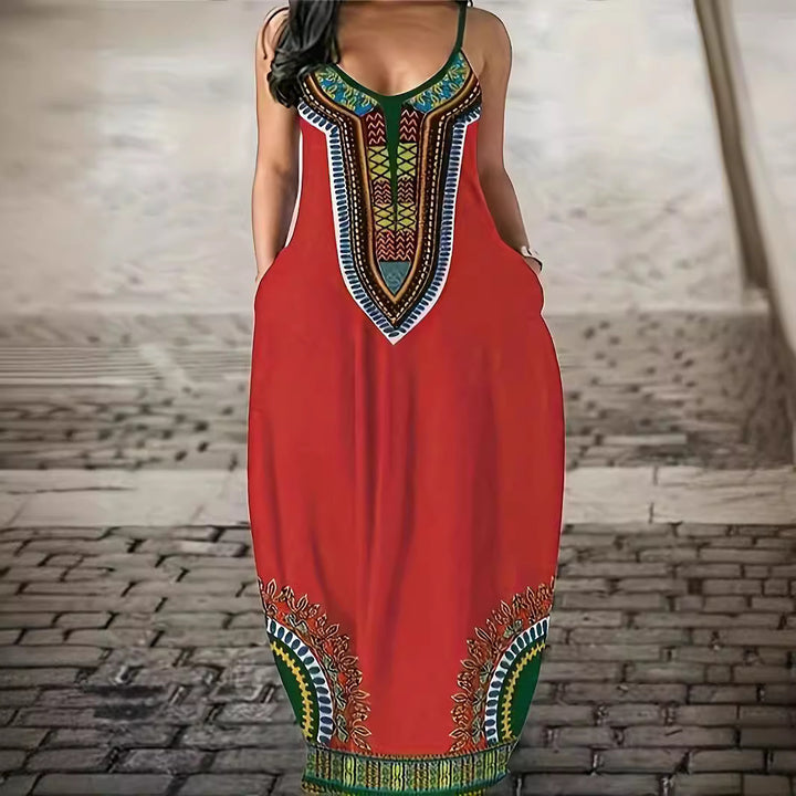Dame Maxikjole med kreativt kunstmotiv og stropper Stilla