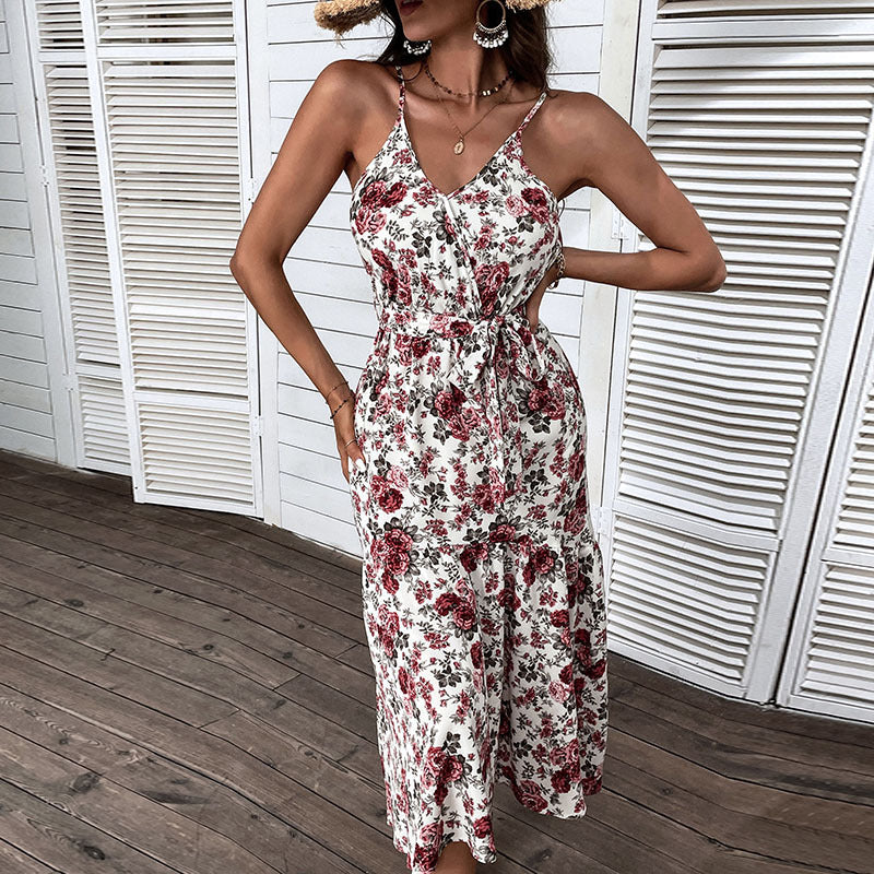 Dame Floral Print Midi Kjole med justerbart Bindebælte Stilla