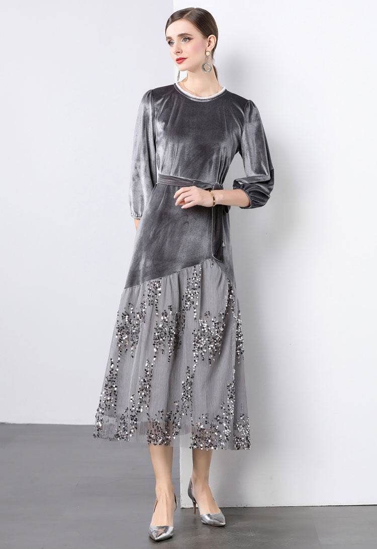 Dame Elegant maxikjole med glitrende velour og kunstneriske udsmykninger Stilla