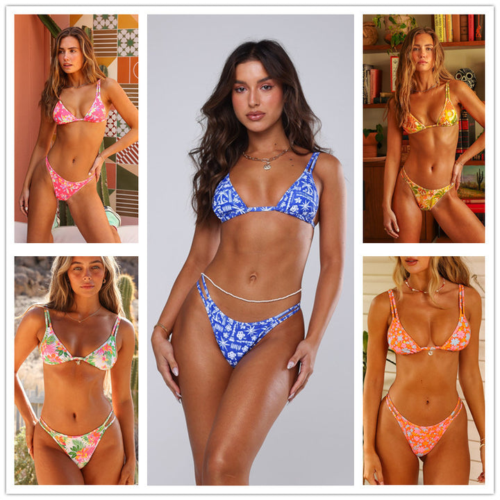 Dame Floral Print Triangle Bikini Sæt med justerbare stropper Stilla