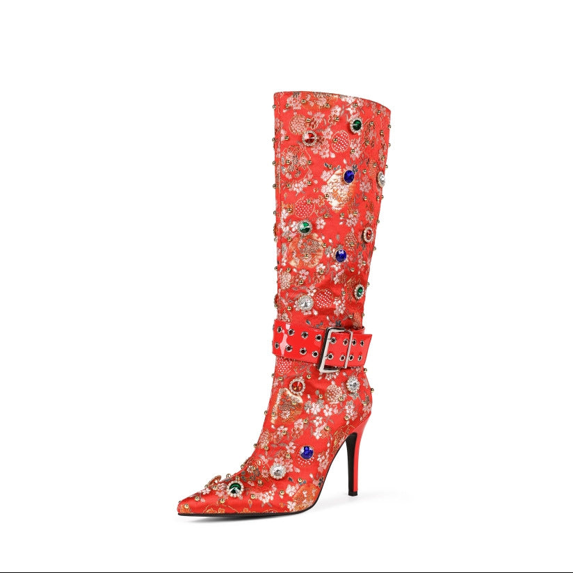 Dame Stiletto Knælange Støvler med dekoreret Blomstermønster Stilla
