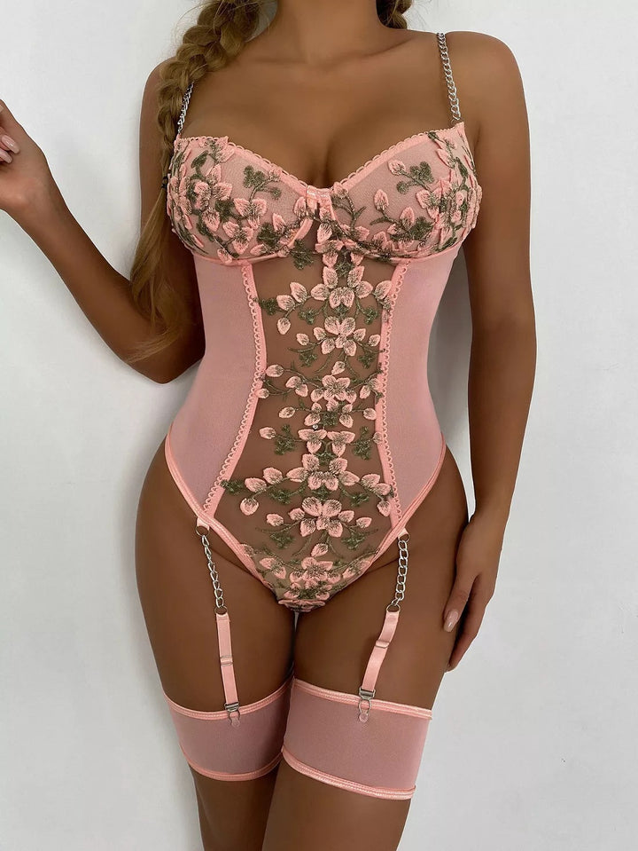 Dame Floral Broderet Garter Bodysuit Stilla
