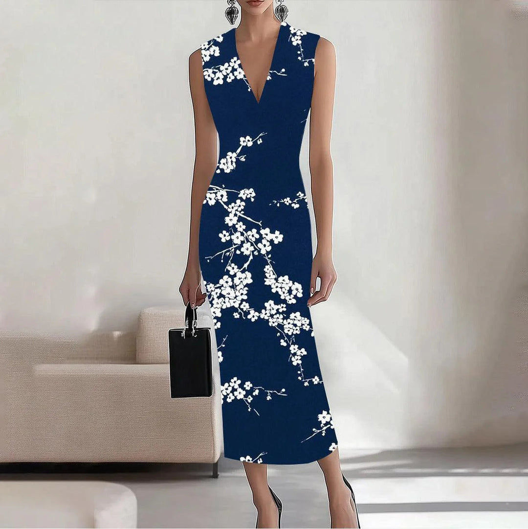 Dame V-Udskæring Ærmeløs Blomster Bodycon Kjole Stilla