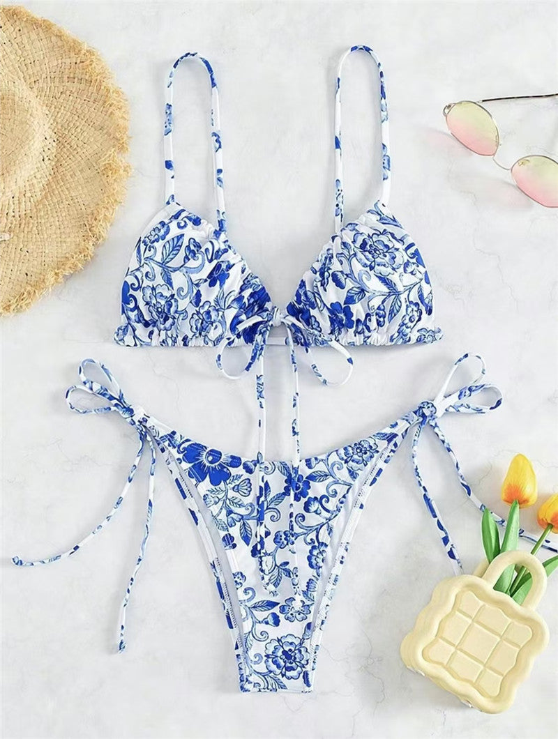 Dame Triangel-Bikini-sæt med blomsterdesign og justerbare bindebånd Stilla