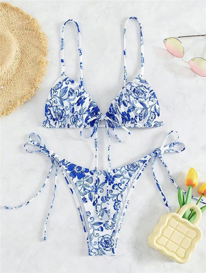 Dame Triangel-Bikini-sæt med blomsterdesign og justerbare bindebånd Stilla