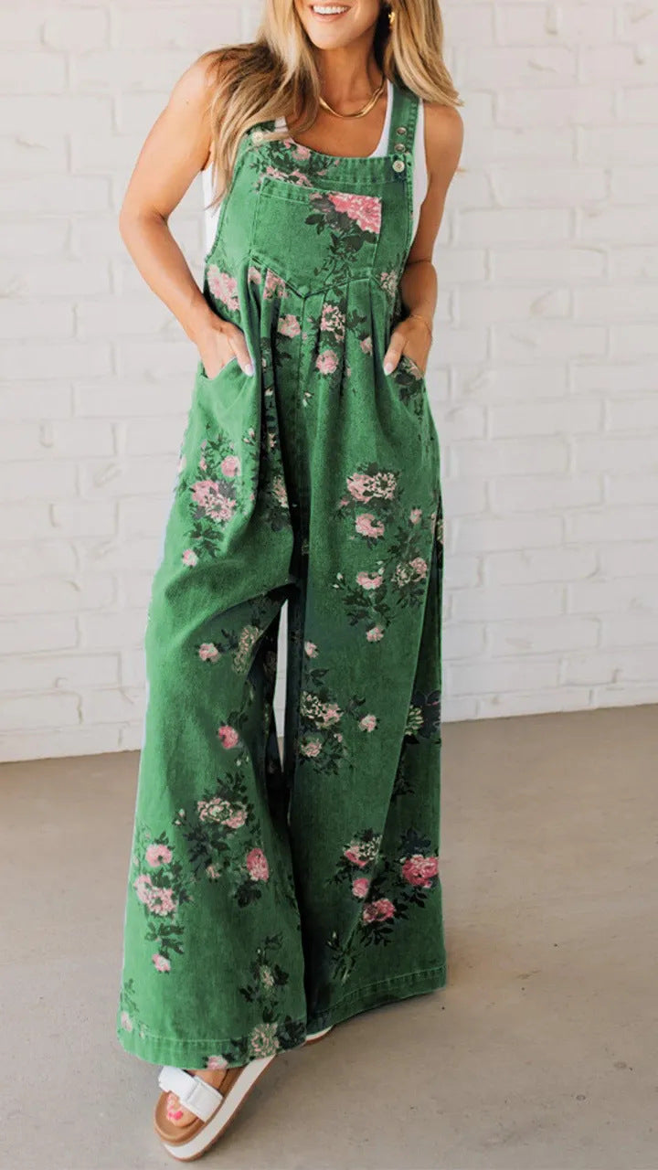 Dame Jeans-Overall med blomstret design og bred ben Stilla