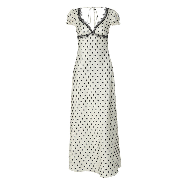 Dame Polka Dot Maxikjole med elegante flæsedetaljer og nostalgisk udskæring Skovae