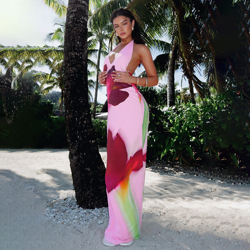 Kvinder Floral Trykt Halter Maxi Kjole Stilla