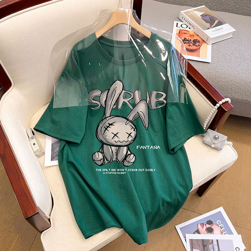 Dame T-shirt med kreativt kaninmotiv og afslappet skrift Stilla