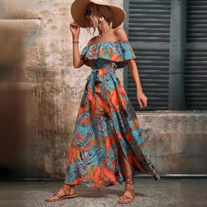 Dame Maxi-kjole med spændende tropisk design og stilfuld Off-Shoulder-udskæring Stilla
