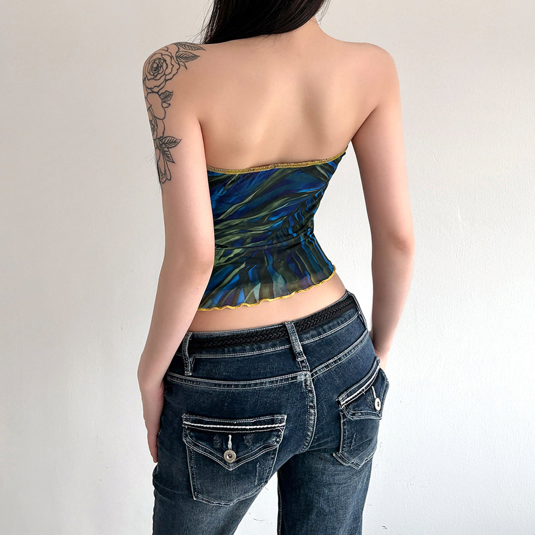Dame bandeau-top med farverigt blomsterprint og elastisk kant Skovae