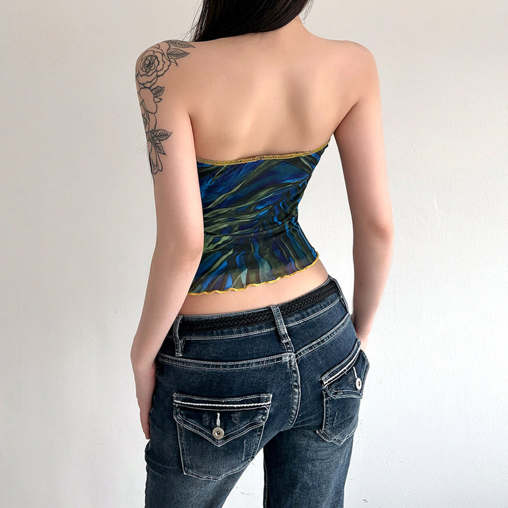 Dame bandeau-top med farverigt blomsterprint og elastisk kant Skovae
