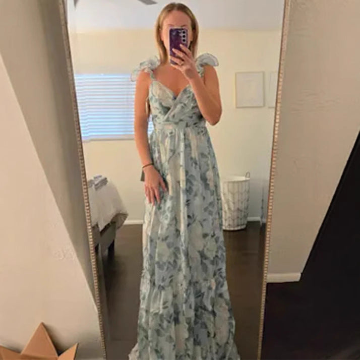 Dame Maxikjole med florale flæsedetaljer og svajende skørt Stilla