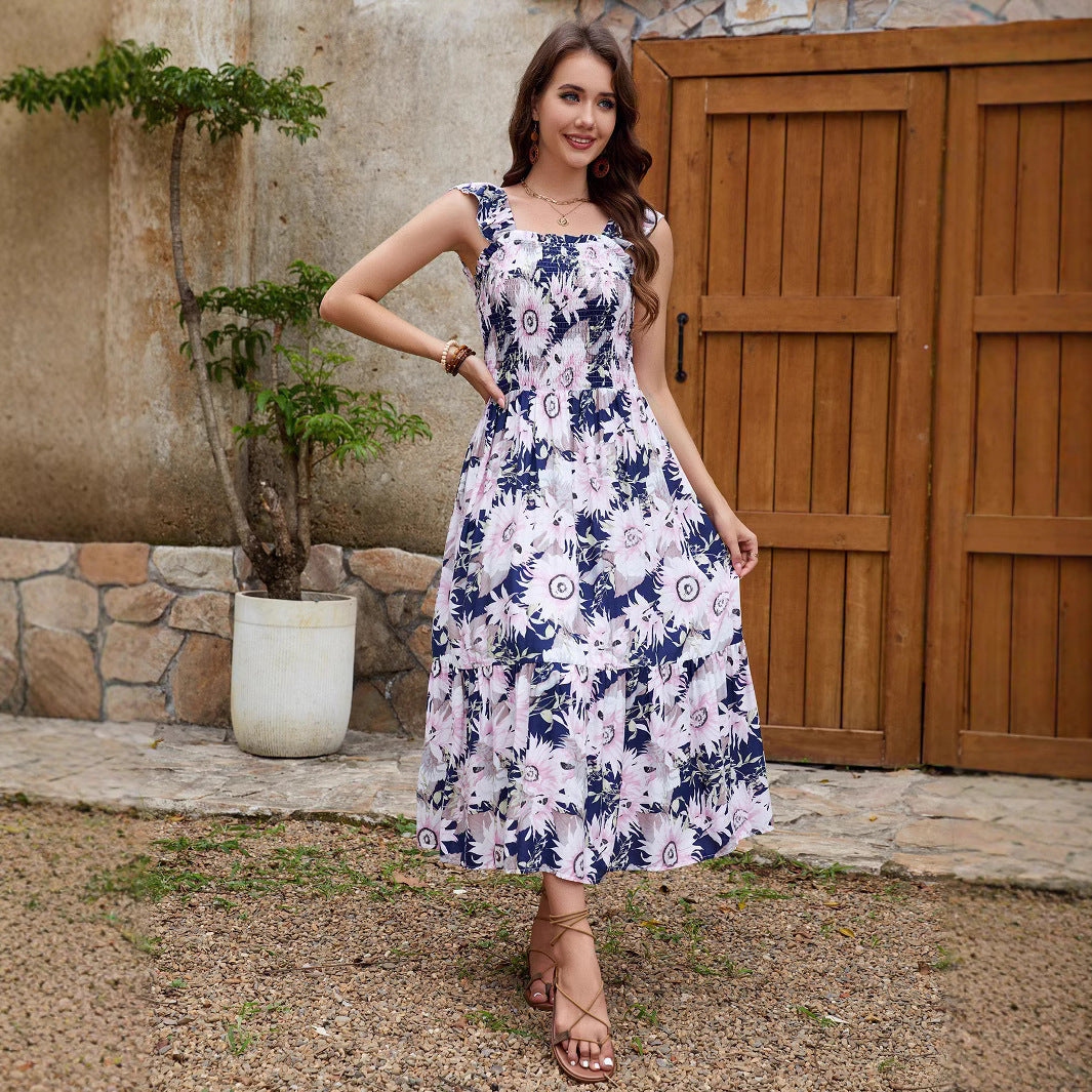 Femme Smocked Floral Maxi Kjole med Rüschen-stropper Stilla
