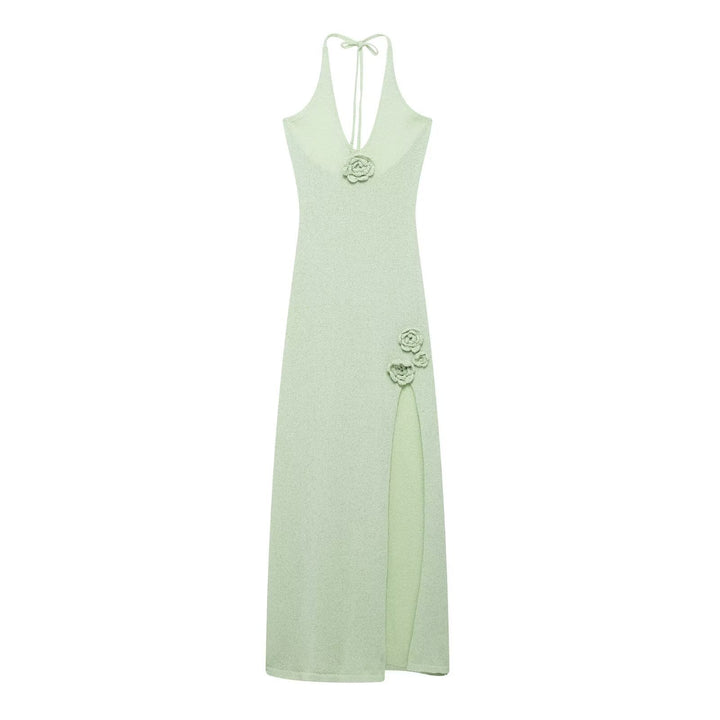 Femme Elegante Halterneck Midi Kjole med florale dekorationer Stilla