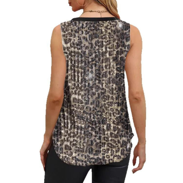 Dame Glitrende V-hals Top med Animal-Print Stilla