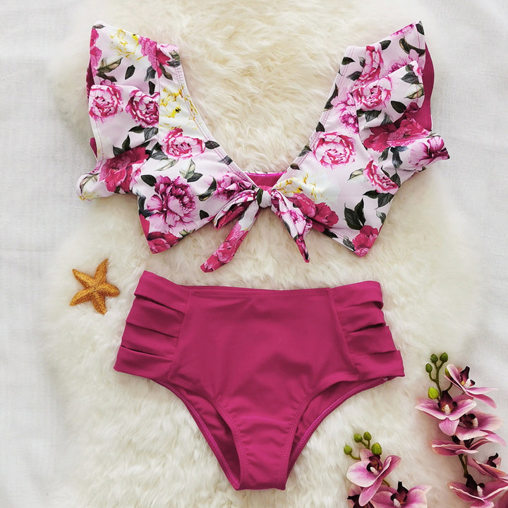 Dame Bikini sæt med romantisk blomstret design og høj talje Stilla