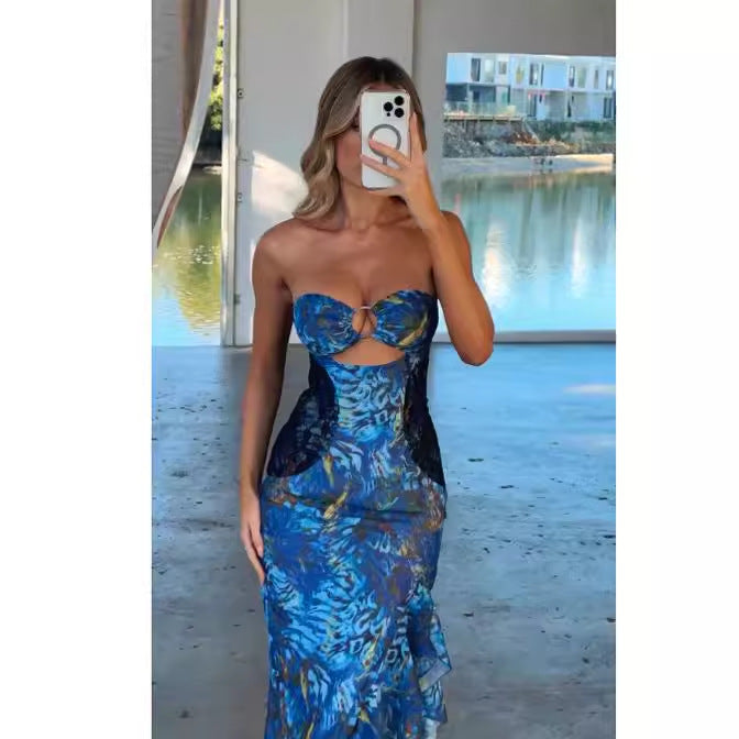 Dame Exquisite Maxi Kjole med Raffineret Udsnit og Elegant Flæse Design Skovae