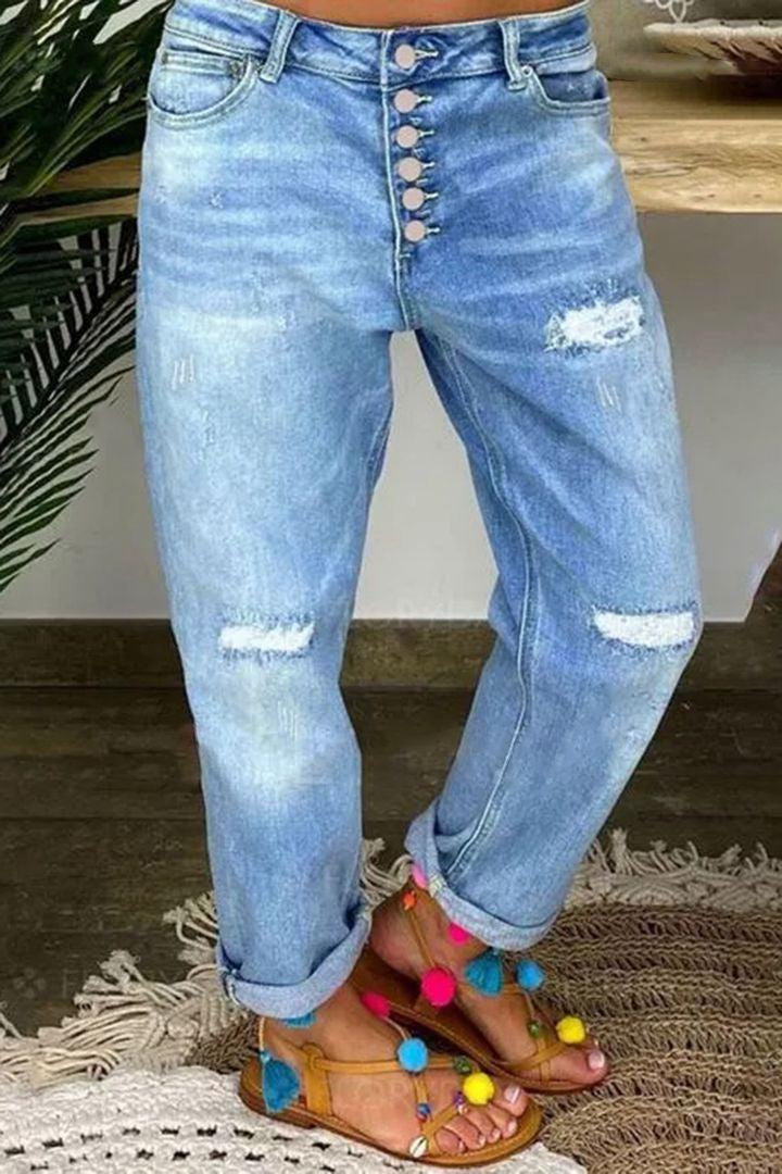 Dame Boyfriend-jeans med knaplukning og distressed-detaljer Stilla