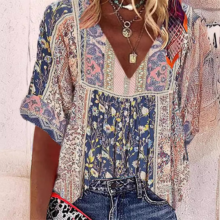 Damebluse i boho-stil med V-udskæring Stilla