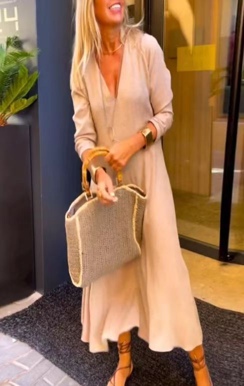 Dame lang boho V-udskærings kaftan maxikjole i linnedmix med løs A-linje og skjulte sidelommer Skovae