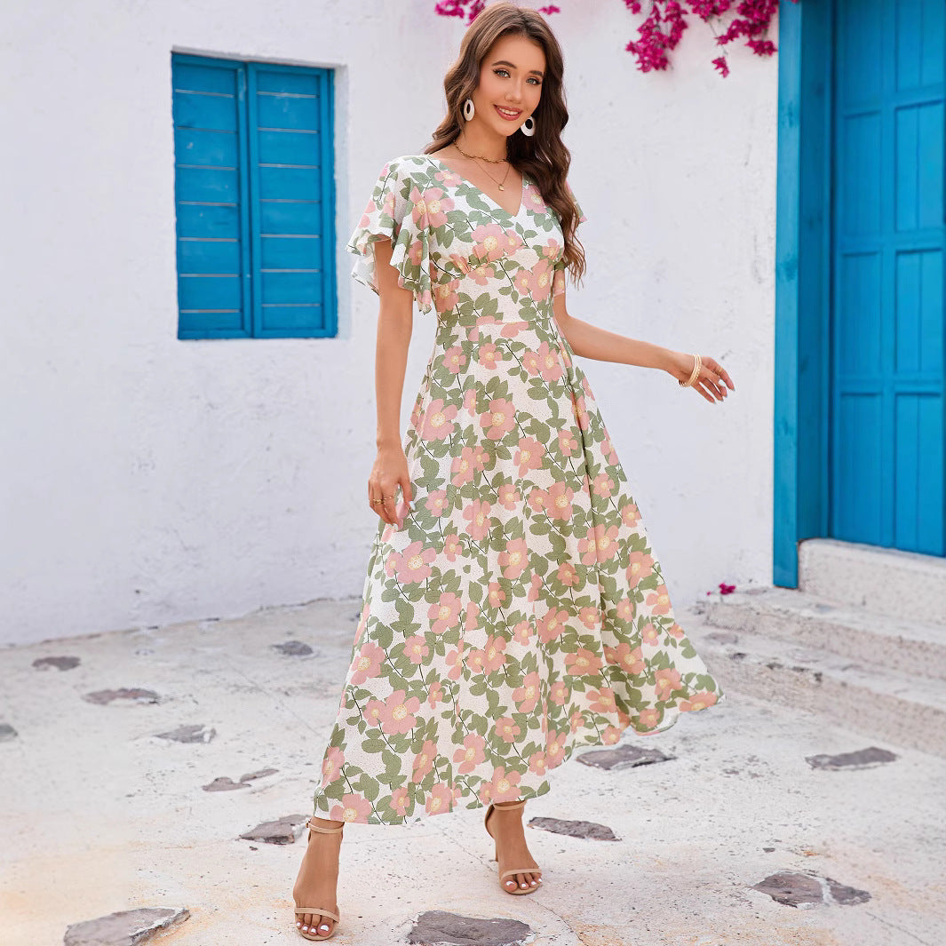 Dame Floral Print Maxi Kjole med Flattermer Stilla