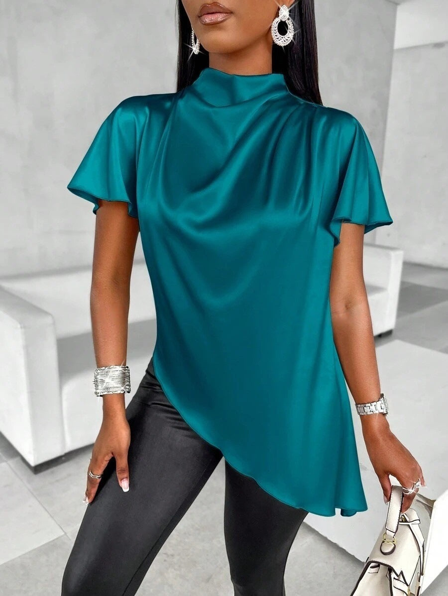 Dame asymmetrisk satin top med elegante puffy ærmer Stilla