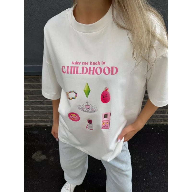 Dame T-shirt med nostalgisk barndomsmindespres Stilla