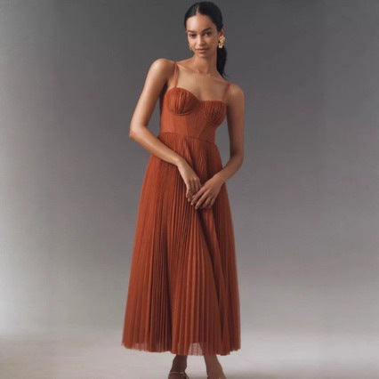 Kvinders Plisseret Maxi Kjole med Bustier Top og Uformet Nederdel Skovae