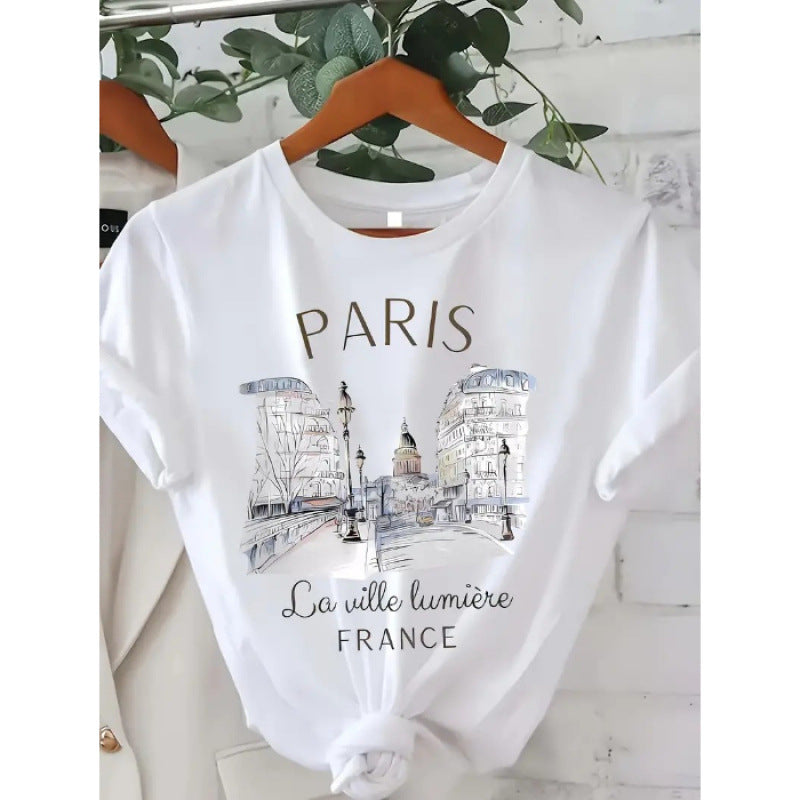 Dame T-shirt med kunstnerisk Paris-motiv og kvalitetsbomuldsstof Stilla